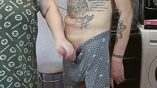 mother-in-law gives a deep blowjob jerks off a dick before a cumshot