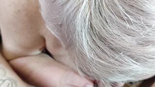 mother-in-law gives a deep blowjob and gets a portion of hot sperm in her throat