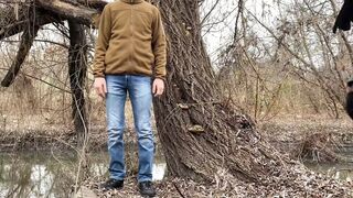 Mother-in-law holds my dick while I pee outdoors