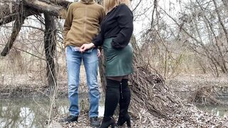 Mother-in-law holds my dick while I pee outdoors