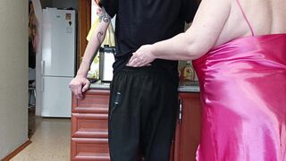 Stepmom in the kitchen sucks cock, jerks it off and watches cum