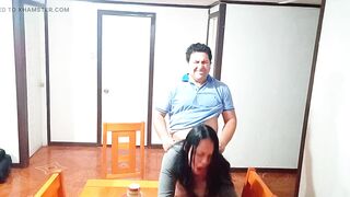 Sex before breakfast on the dining table with a stepmother taken by surprise