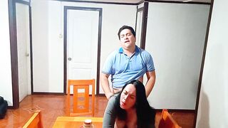 Sex before breakfast on the dining table with a stepmother taken by surprise