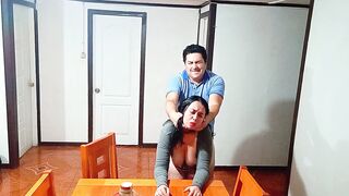 Sex before breakfast on the dining table with a stepmother taken by surprise