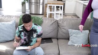 Watch MylfLove's busty stepmom get drenched in cum after being read on her face