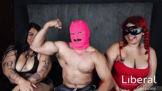 Curvy BBW friends invite their gym trainer for a wild threesome with cum in mouth