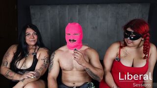 Curvy BBW friends invite their gym trainer for a wild threesome with cum in mouth