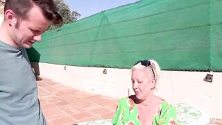 Naughty blonde granny gets a hard fuck by a horny stud by the pool - 4 image