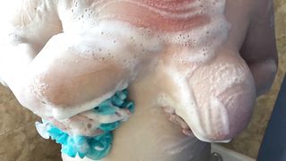 Washing bouncing DD mommy tits in the shower in slow motion - 5 image